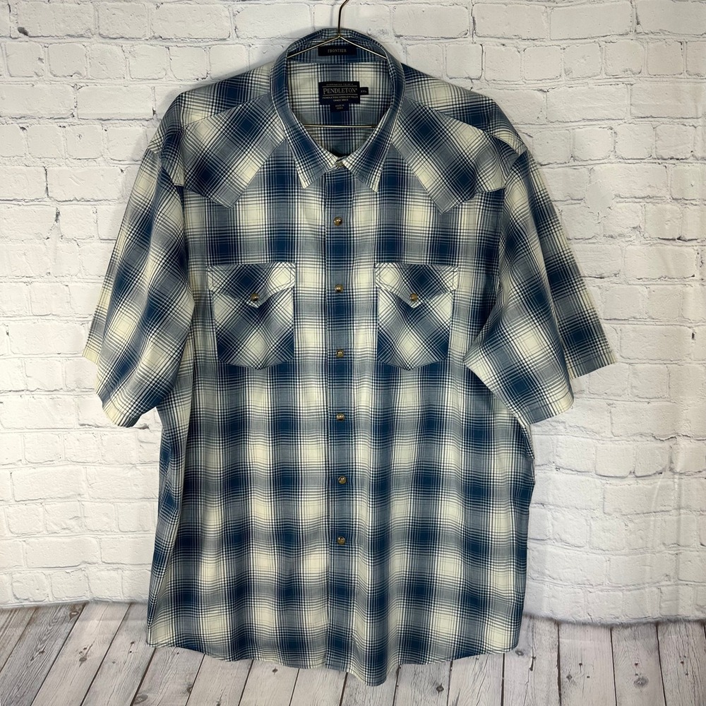 Pendleton Frontier Mens XXL Blue Plaid Short Sleeve Western Snap Shirt DA420